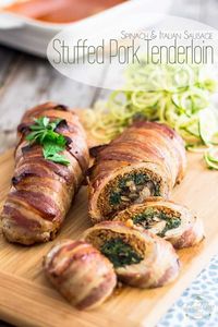 Bacon Wrapped Stuffed Pork Tenderloin | thehealthyfoodie.com