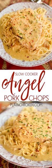 Slow Cooker Angel Pork Chops - Plain Chicken - THE BEST pork chops EVER! Everyone cleaned their plate!!! SO tender and full of flavor.