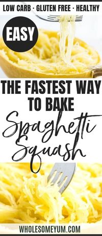 How To Bake Spaghetti Squash in the Oven (Whole or Cut in Half) - How to cook spaghetti squash fast! Use this FASTER way to bake spaghetti squash in the oven - whole or cut in half - for any spaghetti squash recipe. #wholesomeyum #lowcarb #dinner #easy #squash