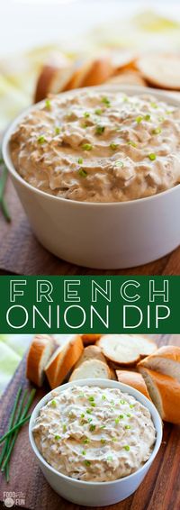 This homemade French Onion Dip recipe will make you ditch the packet for good! It's so creamy and tasty that people will be begging you for the recipe! | Super Bowl Recipe | Homemade Dip | Onion Dip | Sour Cream Dip | Game Day Recipe | Appetizer