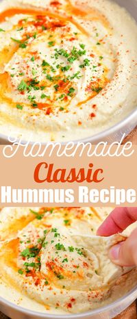 Classic Hummus is one of the most popular protein-packed cold appetizer dips. This chickpea dip is so easy, all you have to do it blend the ingredients until they’re smooth, and you have a crowd-pleasing homemade dip! Made with traditional ingredients like tahini and chickpeas, this hummus recipe is simple, yet irresistible.