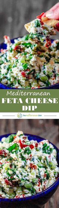 Mediterranean Feta Cheese Dip | The Mediterranean Dish. An impressive 5-minute cheese dip with feta, fresh basil, chives, sun-dried tomatoes! Make it for game day or your next party! #dips #ComfortFoodFeast