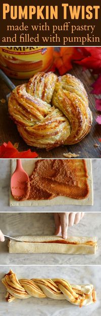 Pumpkin Twists: Flaky puff pastry is stuffed with spiced pumpkin and topped with a vanilla glaze!