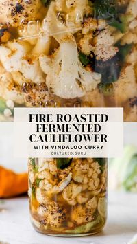 My easy yet flavorful fermented cauliflower recipe requires only a few simple ingredients: cauliflower, garlic, poblano pepper, salt, curry powder, water, and a large cabbage leaf. I fire-roasted the cauliflower, poblano, and garlic for this recipe to enhance the flavor. #cauliflower #fermented