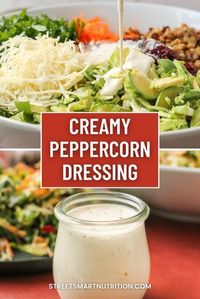 This simple homemade salad dressing recipe uses buttermilk as a creamy, tangy base. Creamy Peppercorn Salad Dressing is full of flavor thanks to the cracked black pepper, so use it for salads or your favorite roasted vegetables, potatoes, or a juicy steak for that classic steakhouse flavor #homemadesaladdressing #peppercorndressing #saladdressingrecipe