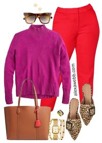 Plus Size Color Blocking Outfit with a purple JCrew cashmere sweater, red ankle pants, leopard mules, and a Tory Burch tote bag.