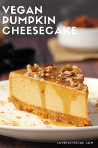 Rich and decadent vegan pumpkin cheesecake packed with flavor and topped with a caramel sauce and crushed pecans!