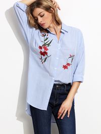 Flower embroidered stripped shirt