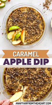 This sweet and fluffy Caramel Apple Dip is filled with all the flavors you need this fall! Made with crushed Heath Bar and a center filled with caramel, cream cheese, and smooth marshmallow fluff, this apple dip is the absolute best!