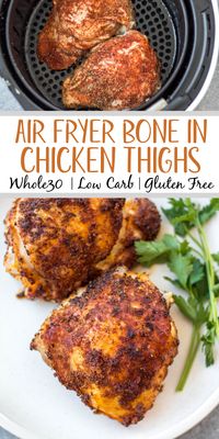 These Whole30 air fryer bone in chicken thighs are so simple and flavorful. The skin gets crispy while the inside stays juicy and tender. They're the perfect option for a quick weeknight dinner and are done in under 30 minutes. Not only are these bone in chicken thighs Whole30, but they're also paleo, gluten free and low carb. #airfryerchicken #whole30airfryer #paleorecipes #glutenfreeairfryer #chickenthighs