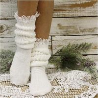 "Super thick cotton lace slouch socks for women white, quality thick scrunchy white socks with lace top Super thick cotton lace slouch socks for women Super soft slouch sock in white. cotton slouch sock Your feet will fall in love with our super thick Made in USA slouch socks. Our favorite way to wear our slouch socks today is with wedge sneakers and skinny jeans. Super thick slouch sock decorated with a pretty 3/4\" lace top. 90% COTTON.10%NYLON 2 sizes 7-10, and 10-13 Super cuddly cotton sock