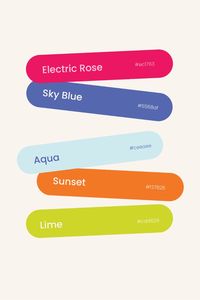 This color palette was created for Mada Studios' brand identity, reflecting a vibrant, creative, and modern energy! It features a calming deep sky blue, refreshing misty aqua, lively lime, bold electric rose, soft blush, and energetic sunset orange. Together, these colors capture the essence of innovation, fun, and professionalism, perfectly embodying the dynamic spirit of my freelance graphic design business, Mada Studios.