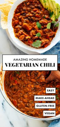 Truly the BEST vegetarian chili! This recipe is easy to make with basic ingredients. Leftovers taste even better the next day, and freeze great, too! #vegetarian #vegan #glutenfree #chilirecipe #cookieandkate