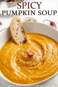 Spicy Pumpkin Soup a straightforward, naturally vegan recipe made with roasted pumpkin, fresh ginger and cayenne pepper. It is a thick and creamy, comforting and healthy meal perfect for those chilly fall and winter days. 