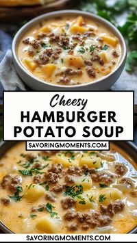 This rich and creamy soup combines hearty ground beef, tender potatoes, and melted cheese for a bowl of pure warmth and flavor. Perfect for cozy nights or feeding a crowd, it’s the ultimate comfort food. Hungry? Click for the full recipe #cheesysoup #comfortfood #hamburgerpotatosoup #easyrecipes #cozysoups #homemadesoup #cheesyrecipes #fallrecipes #quickdinner #familydinnerideas #souplovers