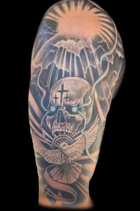 Black and grey skull + dove with the 3 crosses + heavens background