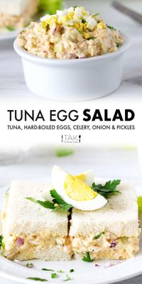 A quick and easy recipe for Tuna Egg Salad that's just as delicious as you remember it! Perfect for sandwiches, salads, and more. It features tuna, hard-boiled eggs, celery, dill pickles, and a creamy, zingy dressing. Use light mayonnaise for a low-fat, healthy tuna salad!