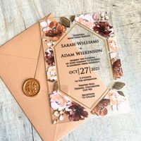 WOW your guests with this stunning clear acrylic/PVC invitation! Beautiful rust autumn coloured flowers, UV printed on a clear acrylic or PVC. Perfect for a fall wedding.  FULLY PERSONALISED ACRYLIC INVITATION INCLUDES THE FOLLOWING: Minimum order of x50. Your wording can be split between day and evening invitations. INVITATION UV printed on a beautifully clear 1mm or 2mm acrylic or 0.5mm PVC (please make your choice from the drop-down menu) Text is fully customisable - Change as little or as mu