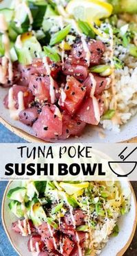 This Tuna Poke Bowl Recipe is a quick and easy homemade sushi bowl with ahi tuna poke as the star. A simple blend of tuna, rice, avocado, cucumber and a flavorful sauce. #tunapokebowl #pokebowlrecipes #sushirecipes #sushi #sushibowlrecipes