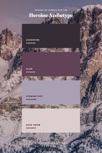 Love this snowy summit inspired color palette with muted shades of purple? You might be a Heroine Brand Archetype!  Take the Brand Archetype quiz that has helped over 15K women get greater brand clarity and make deeper connections with their brands.    Colors used:  Aubergine: #352D36 Plum: #614256 Evening Mist: #AAA0B3 Dusk Snow: #DCCECF