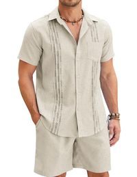 PRICES MAY VARY. Linen Material: Men guayabera linen outfit are made of cotton linen blend fabric. Comfortable and breathable material keeps you feeling cool and relaxed. Fashion Guayabera Set: Mens summer outfits sets is a combo of embroidered shirt and elastic waist shortsfeaturing short sleeve, button down closure, elastic waist with drawstring, two side pockets. Of course, it's not only a combo, the shirt and the short can be also worn separately. Summer Linen 2 Piece Outfits: The short slee