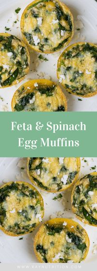 These spinach egg muffins with feta cheese are quick and easy to make, and are a high-protein and low-calorie breakfast that is perfect for busy mornings!