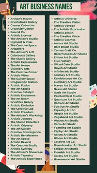 Looking for the perfect name for your art business? Explore our list of creative and memorable art business name ideas! Whether you're starting a gallery, studio, or online shop, find the unique name that sets you apart. Let your creativity soar! #ArtBusiness #CreativeNames #Entrepreneurship"