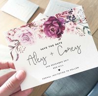 Wedding save the date card THE JENNY design ink hearts paper - watercolour floral roses plum deep purple magenta pretty feminine invitation invite vintage rustic modern classic luxe