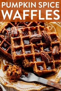 As delightfully crisp as the fall mornings they’re made for, these enticingly spiced pumpkin waffles are an extra-special way to start your day. Serve with a maple pecan topping for an over-the-top-delicious breakfast that celebrates the flavors of fall. They're crisp outside and chewy-soft inside, have excellent pumpkin spice flavor, and make for a special fall breakfast or brunch!