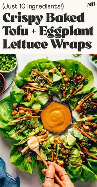 Crispy baked tofu and eggplant lettuce wraps with fresh veggies, herbs, and a savory sesame sauce. The ULTIMATE flavorful appetizer or light summer meal with just 10 ingredients required!