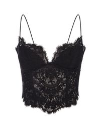 Ermanno Scervino top made entirely of black lace and featuring thin straps, a sensual play on transparency and scalloped edges, following the natural pattern of the lace. Back fastening with hooks. Composition: Composition:, 100% Polyamide.