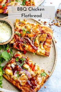 Easy BBQ chicken flatbread is flavor loaded, quick and super filling for an easy weekday meal. Use rotisserie chicken or make your own. This one is always a huge hit. via @sailor_bailey