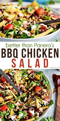 This BBQ Chicken Salad is super easy, can even be made with leftovers and it's off the hook delicious! Grilled corn and lime crema really make it sing!  If you were a fan of Panera's BBQ Chicken Salad, you're going to love this copycat salad you can make in 15 minutes or less at home! Print recipe + video at TidyMom.net #salad #chicken #bbq #videos #recipevideo