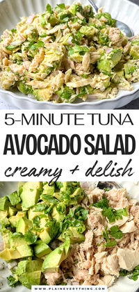 Avocado salad, tuna salad—whatever you call it, it's absolutely delicious! You can never have enough avocado recipes. Avocados are incredibly nutritious, and I love coming up with ways to use them. This is a quick, high protein recipe, and if you're looking for a NO mayo tuna salad recipe, this one is for you. The avocado makes it super creamy while adding a boatload of nutrition and fiber. This is perfect for a quick lunch or a late dinner. Enjoy!