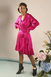 Buy Your Silq Pink Soraya Silk Satin Ruffle Wrap Dress Online | Aza Fashions