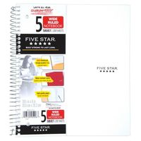 The Blue Five Star Notebook has durable, water-resistant covers that are built to last throughout the year. Each one contains 200 sheets to provide plenty to use for notes, reports, homework and more. The wide-ruled paper in this 5-subject notebook is high-quality and resists ink bleed to help keep work pristine. It is two-hole punched so you can store it inside a notebook. The Five Star wirebound notebook also includes tear-resistant reinforced storage pockets for loose papers. Size: 5 Subject.