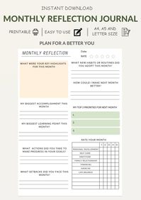 Monthly Reflections Review , Monthly Reflection Journal, Monthly Reflection, Monthly Review, A5,A4 & Letter size PDF Instant Download  This Monthly reflection Review is a straightforward tool to organize your thoughts and ideas. All that is required is to download and print or open as PDF. Let the reflection begin! Product info: * This reflection review had 3 sizes available: A4, A5 and Letter size. * Printable  * Open as PDF SECTIONS OF THE REFLECTIVE REVIEW: * Key Highlights * Biggest accompli