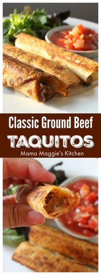 Classic Ground Beef Taquitos. Crunchy and delicious. Dip them into salsa or guacamole, and it’s like a piñata breaking in your mouth. By Mama Maggie’s Kitchen #appetizers #taquitos #mexicanfood #mexicanrecipes #mexican #mexicancuisine #cincodemayo