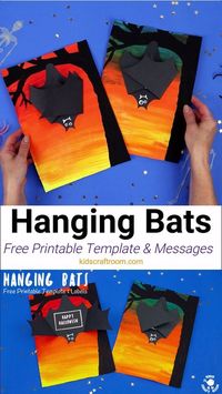 This Hanging Bat Craft for kids is so fun. Open the bat's wings to reveal a spooky message! Such a cool Halloween craft for kids. (Free printable bat template & messages.) #kidscraftroom #Halloweencrafts #Halloween #bats #batcrafts #Halloweenart #kidscrafts #kidsart #printables #freeprintables #battemplate #batpattern #halloweenkids #halloweenforkids