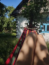 chilling outside, lying in hammock