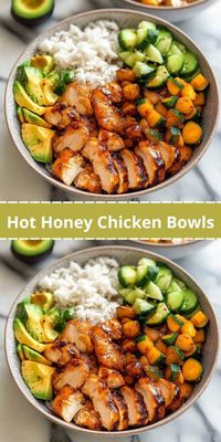 Looking for a delicious and easy hot honey chicken recipe? These Hot Honey Chicken Bowls are the perfect combination of sweet and spicy! Tender chicken breasts are coated in a flavorful honey sriracha sauce, paired with fresh vegetables like zucchini, summer squash, and creamy avocado, all served over a bed of cooked rice (or quinoa). This healthy, customizable meal is packed with bold flavors and is perfect for a quick weeknight dinner or meal prep.