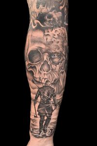 Black and grey realism skull + viking warrior