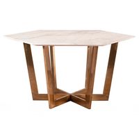 Unusual hexagonal shape dining table which comfortably seats six people. Solid marble top with painted wood reinforcement to underside. Steel base with brass effect finish.