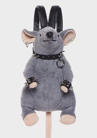 cuz we go together like rats and cheese. This rat backpack has a soft faux fur construction, a back zip pocket, adjustable shoulder straps, studded cuffs and removable O-ring choker, and pierced hardware.