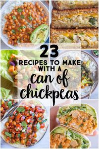 Canned chickpeas are such a versatile ingredient!  They're packed with protein, 39 grams per cup, they're mild in flavor and have great texture.  Chickpeas are also a very affordable ingredient, especially when you think about how many health benefits are packed into them.  Below I've included 23 of my favorite chickpea recipes, I hope you enjoy them too! #chickpeas #garbanzobean #vegetarianrecipes #proteinpacked