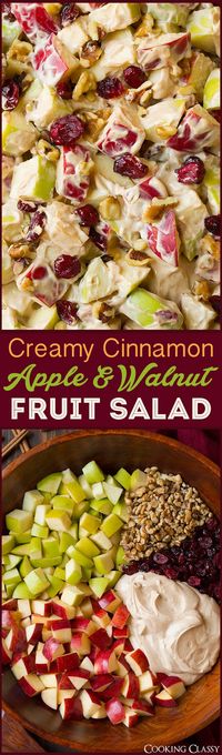 Apple Fruit Salad - The perfect autumn fruit salad! It's loaded with crisp, sweet apples, cranberries and walnuts and covered in a rich, cinnamon cream cheese dressing. 