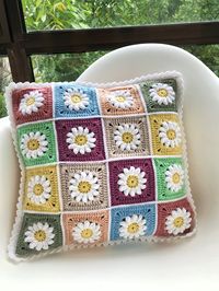 "Handmade Crochet Cushion Cover,Granny Square Flower Pillowcase,Boho Patchwork Throw Pillow,Vintage Home Decor,Modern Daisy Knit Sofa Pillow This granny squared cushion cover is knitted by our 3-generation-brand's eldest member, our beloved granny :) This is a unique piece and knitted just for you. It is a unique Gift to you or your Loved ones for Anniversary, Birthday, Valentines Day, Christmas Gifts, Special Days, Mother's Day and Romantic Celebrations 100% HANDMADE, Durable, comfortable and a