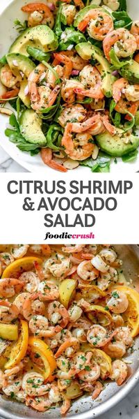 This simple, flavorful salad makes the perfect meal-prep meal for lunch or dinner thanks to pan-seared citrus-flavored shrimp, creamy avocado, arugula, and the crunch of sliced almonds | summer salad | shrimp and avocado salad | lemon shrimp salad | #shrimpsalad #summersalad #foodiecrush