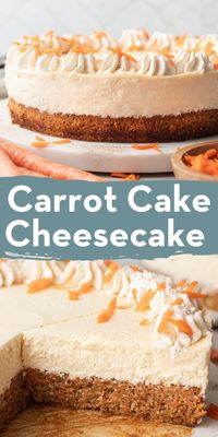 This homemade carrot cake cheesecake features a layer of spiced carrot cake topped with creamy vanilla cheesecake. The perfect treat for Easter or any time of year!