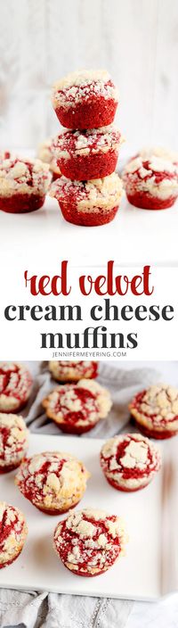 Red Velvet Cream Cheese Muffins - Soft and fluffy red velvet muffins made with a swirl of cream cheese in the batter and crispy, crumbly butter topping.